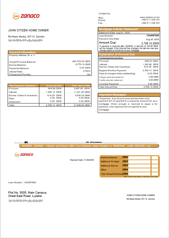 Download Zambia Zanaco Bank  mortgage statement in Word and PDF formats Photoshop template